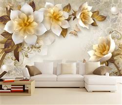 تصویر 3 از گالری عکس پوستر دیواری سه بعدی گل های سفید و زرد با برگ های بژ