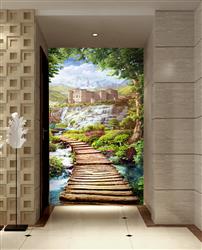 تصویر 2 از گالری عکس پوستر دیواری سه بعدی پل چوبی در جنگل و خانه زیبا