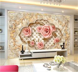 تصویر 3 از گالری عکس پوستر دیواری سه بعدی گل های هلندی صورتی در قاب طرح دار طلایی زیبا