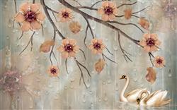 تصویر 1 از گالری عکس پوستر دیواری سه بعدی گل های هلندی صورتی و قو های سفید