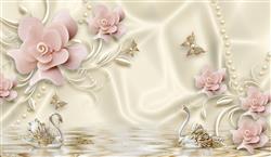 تصویر 1 از گالری عکس پوستر دیواری سه بعدی قوهای جواهرنشان با گل های صورتی در پس زمینه کرمی