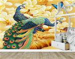 تصویر 3 از گالری عکس پوستر دیواری سه بعدی نقاشی طاووس های زیبا با تم زرد و بژ