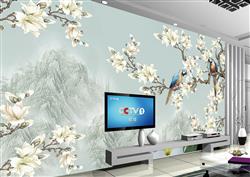 تصویر 2 از گالری عکس پوستر دیواری سه بعدی نقاشی شکوفه های سفید با پس زمینه ی کوه های یخی