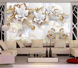 تصویر 4 از گالری عکس پوستر دیواری سه بعدی گل های سفید با ساقه های بژ و طلایی و آب