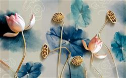 تصویر 1 از گالری عکس پوستر دیواری سه بعدی گل های طلایی صورتی با پس زمینه نقاشی شده گل های آبی