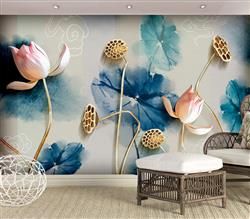 تصویر 2 از گالری عکس پوستر دیواری سه بعدی گل های طلایی صورتی با پس زمینه نقاشی شده گل های آبی