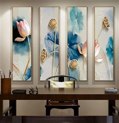 تصویر 4 از گالری عکس پوستر دیواری سه بعدی گل های طلایی صورتی با پس زمینه نقاشی شده گل های آبی