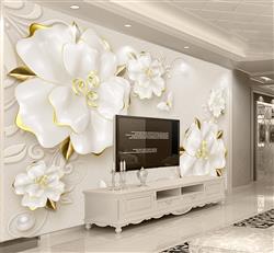 تصویر 2 از گالری عکس پوستر دیواری سه بعدی گل های سفید طلایی با پزوانه های سفید زیبا