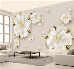 تصویر 3 از گالری عکس پوستر دیواری سه بعدی گل های سفید طلایی با پزوانه های سفید زیبا