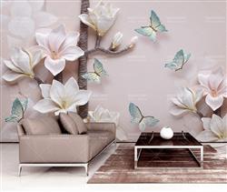 تصویر 2 از گالری عکس پوستر دیواری سه بعدی گل های سفید با پس زمینه ی صورتی و پروانه های آبی