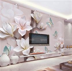 تصویر 3 از گالری عکس پوستر دیواری سه بعدی گل های سفید با پس زمینه ی صورتی و پروانه های آبی