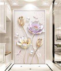 تصویر 2 از گالری عکس پوستر دیواری سه بعدی گل های طلایی بنفش و سفید