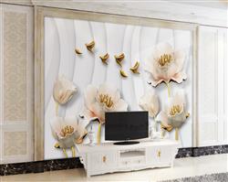 تصویر 3 از گالری عکس پوستر دیواری سه بعدی گل های سفید طلایی زیبا و پرنده ها