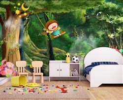 تصویر 3 از گالری عکس پوستر دیواری سه بعدی کارتونی کودک در حال تاب بازی در جنگل