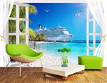 تصویر 2 از گالری عکس پوستر دیواری سه بعدی پنجره ی باز شده به ساحلی زیبا و کشتی مجلل
