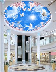 تصویر 3 از گالری عکس آسمان آبی ابری و آفتاب کبوتر های سفید و شکوفه های صورتی به شکل قلب طرح پوستر سقفی
