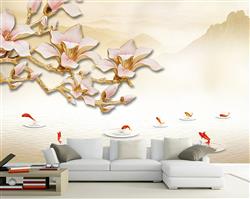 تصویر 5 از گالری عکس گلهای سفید طلایی پس زمینه ماهی ها پوستر دیواری سه بعدی