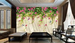 تصویر 2 از گالری عکس شکوفه های صورتی و برگان سبز دیوار پس زمینه روشن پوستر دیواری سه بعدی