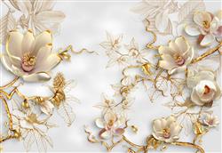 تصویر 1 از گالری عکس گل های سفید طلایی شاخه های طلایی پوستر دیواری سه بعدی