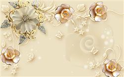 تصویر 1 از گالری عکس گلهای صورتی طلایی و الماس ها پس زمینه روشن پوستر دیواری سه بعدی