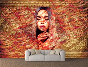 تصویر 2 از گالری عکس طرح دیجیتال آرت دختر مو بلند با قاب طلایی و چیدمات حروف فارسی اثر سامان رئوفی