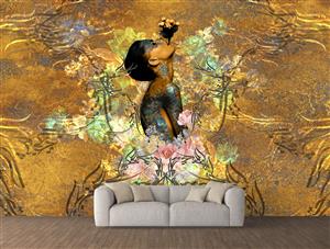 تصویر 2 از گالری عکس نیمرخ دختر زیبا در زمینه طلایی پوشیده از گل های رنگی