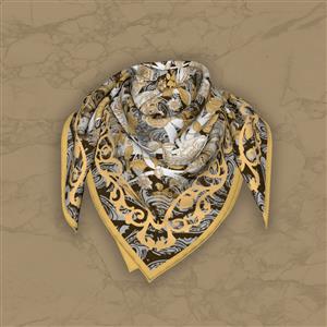 تصویر 5 از گالری عکس روسری کرم بژ با گل های طلایی و موج های نقره ای