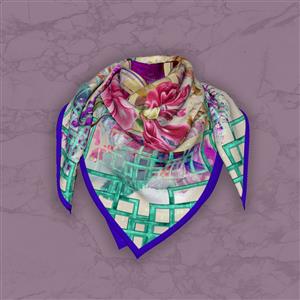 تصویر 5 از گالری عکس روسری گلدار صورتی با طرح رنگارنگ و حاشیه فیروزه ای