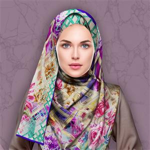 تصویر 4 از گالری عکس روسری گلدار صورتی با طرح رنگارنگ و حاشیه فیروزه ای