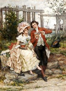 طرح نقاشی آنتیک زوج جوان در طبیعت مناسب برای پوستر دیواری عمودی، دفترچه و پوشه های فانتزی