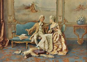 نقاشی قدیمی مجلس شعرخوانی روی کاناپه مخمل جهت پوستر دیواری کتابخانه و اتاق مطالعه