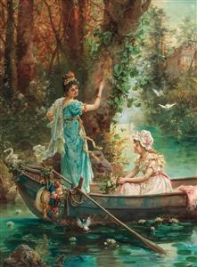 نقاشی کلاسیک بانوان در قایق گاندولا در ونیز مناسب برای قاب دکوراتیو و دکوراسیون کلاسیک پذیرایی