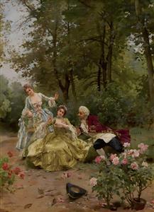 تابلو نقاشی کلاسیک اروپایی طرح اشراف در باغ گل رز مناسب برای قاب دکوراتیو و پوستر دیواری پذیرایی و تالار