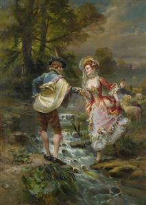 پوستر دیواری رمانتیک چوپان و معشوقه کنار رودخانه برای دکوراسیون روستیک، ویلا و اتاق خواب