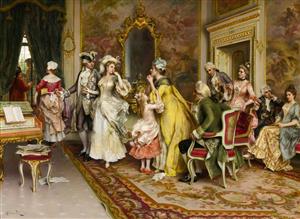 نقاشی هنری معاشرت بزرگان در عمارت مجلل برای پوستر دیواری کلاسیک اتاق کار، دفتر مدیریت و تابلو دکوراتیو