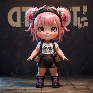 عروسک چیبی دختر با موی صورتی دم اسبی، تیشرت اسکلت و استایل راک فانتزی