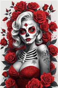 پرتره مونرو با خالکوبی اسکلت، لباس قرمز و تاج رزهای سرخ