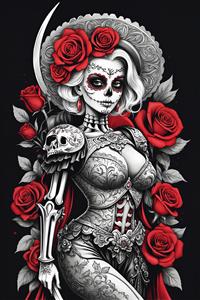 طرح گرافیکی مرلین مونرو با کلاه مکزیکی، زره و اسکلت روی شانه