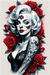 پوستر هنری مرلین مونرو با آرایش اسکلتی و گل رز