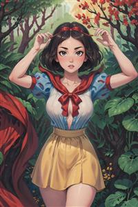 تصویر فانتزی سفید برفی در جنگل سرسبز استوایی با رنگ‌های شاد