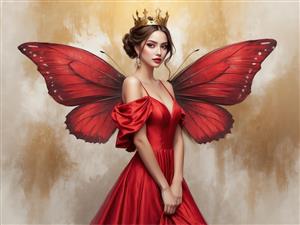 ملکه زیبای پروانه با تاج طلایی و لباس شب قرمز، برای محصولات دکوری