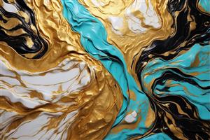 نقاشی بافت برجسته با جریان طلایی، فیروزه‌ای و سیاه