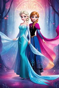 السا و آنا با شنل بلند در جنگل نورانی، پس‌زمینه رنگین کمانی، مناسب چاپ دکوراتیو