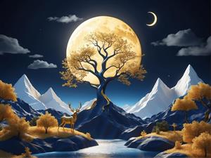 درخت زندگی طلایی زیر ماه کامل در میان کوه‌ها، منظره شبانه با گوزن