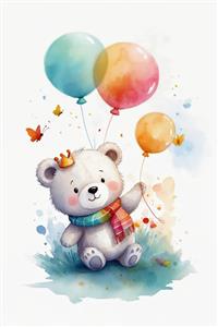 تصویر آبرنگی خرس سفید پادشاه با تاج، شال رنگین‌کمان و بادکنک