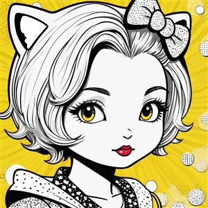 پرتره دختر کارتونی با گوش گربه، چشم‌های زرد و پاپیون مشکی روی زمینه پاپ زرد