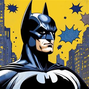 تابلو دیواری بتمن در شهر گاتهام با پس‌زمینه زرد و افکت‌های کمیک بوکی