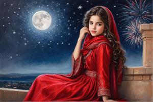 تصویرسازی دختر زیبا در بالکن با پیراهن قرمز و منظره آتش بازی شهر