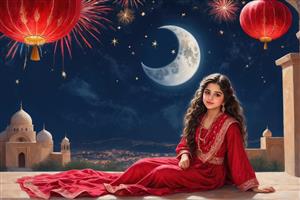 بک گراند باکیفیت شب یلدا با دختر نشسته و فانوس های قرمز و هلال ماه