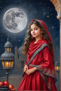 دختر با لباس یلدایی در بالکن و فانوس با ماه کامل، فضای سنتی شب